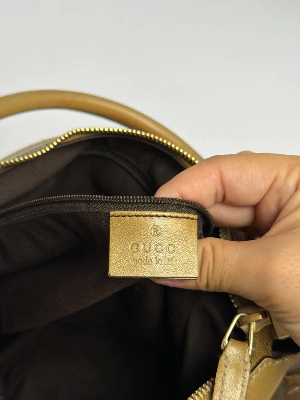 Gucci Abby Gold Leather Coated Monogram Canvas Hobo Shoulder Bag - Picture 15 of 16
